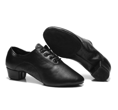 Men's Dance Shoes Latin Tango Ballroom Dance Shoes Breathable Mid Heel Black Leather For Women