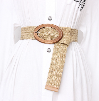 Wooden Buckle Elastic Women Grass Woven Belt for Ladies Holiday Wind Seaside Bohemian Ethnic Elastic Woven Belts