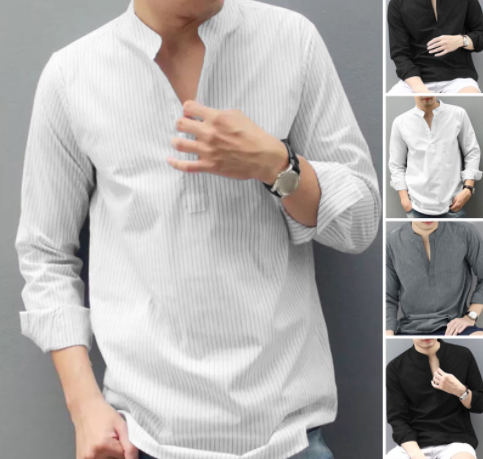 Men Cotton Striped V-neck Stand Collar Long Sleeve Henley Shirts