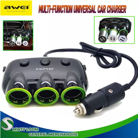 Awei C 35 Multi Function Universal Car Charger 3 Socket Adapter With 2 USB Port Original