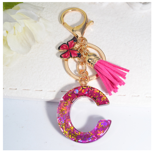 Fashion Gradient A-Z Letter Keychains Sweet Butterfly Tassels Pendant Alphabet Keyrings Name Initials Key Chains Accessories C