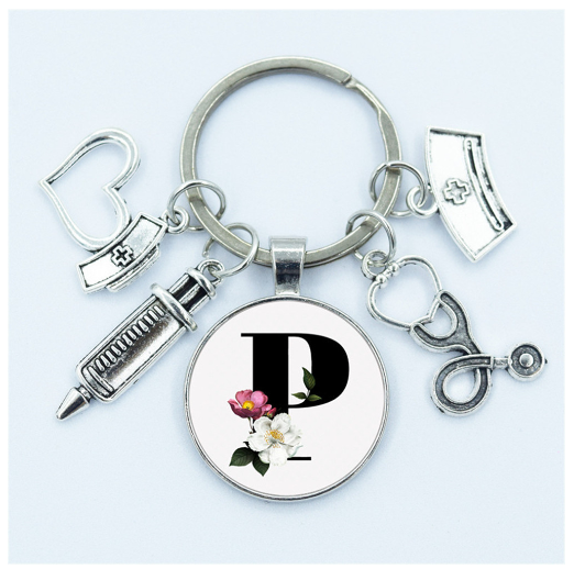 1Pcs Creative Stethoscope Syringe 26 Letter Keychains Nurse Cap Initials Metal Keyrings Bag Ornaments Charms Gifts Souvenir P