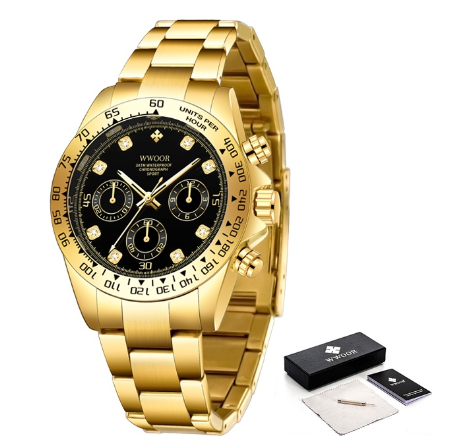 Wwoor Top Brand Men Sports Quartz Watches Stainless Steel Military Waterproof Chronograph Date Luxury GOLDEN SHELL  BLACK SURFACE