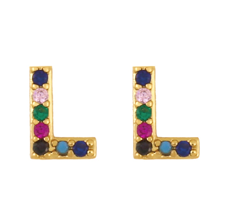 New European and American Fashion Gold 26 Letters Colorful Zircon Alphabet Stud Earrings Women Jewelry Gifts L