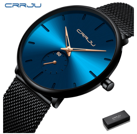 CRRJU Men's Fashion Black Stainless Steel Wrist Watch Waterproof Business Dress Watch for Men 2150S M23