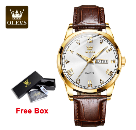 Olevs Watch For Men Waterproof Leather Strap Original Fashion Quartz Luminous Business Calendar Men's Watches WHITE DIAL GOLD CASE BROWN LEATHER STRAP