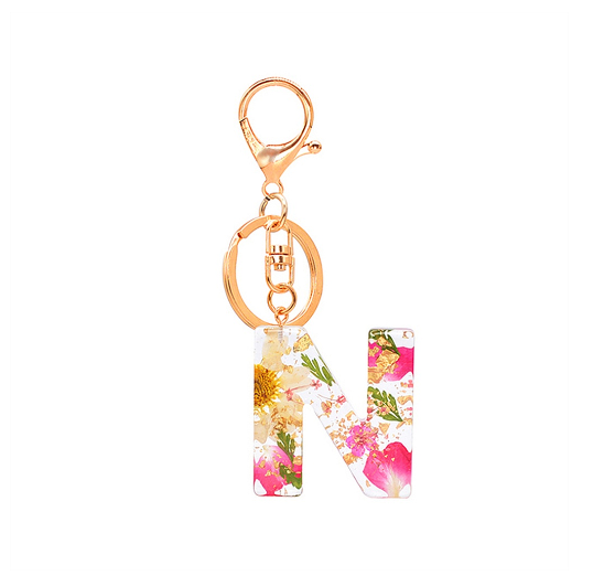 A-Z 26 Letter Pendant Keychains Resin Dried Flower Alphabet Keyring Charm Women Cute Bag Ornamant Accessories Gifts N