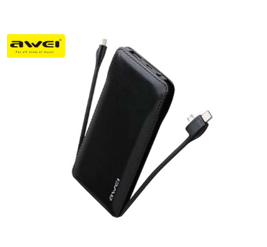 Awei P51K 10,000mAh Portable Power Bank With 3 Built-in Charging Cable Black