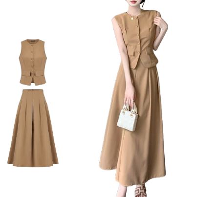 Lovito Women Casual Plain Button Pleated Skirt Sets L74ED289