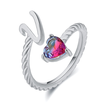 Letter Ring 925 Silver 26 Letters A-Z Initial Ring Open Gradient Zircon Ring for Women Jewelry Gift V