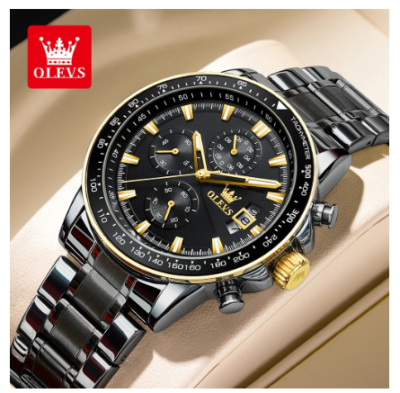 Olevs Watch For Men Waterproof Original Quartz Luminous Calendar Stainless Steel Watch FULL BLACK