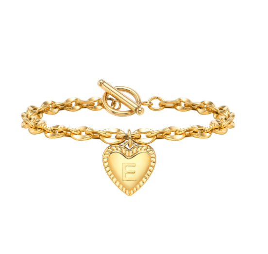 Vnox A-Z Letter Heart Charms Bracelet for Women Girl 18K Gold Elegent Love Stainless Steel Link Chain Initial Jewelry Birthday Present E