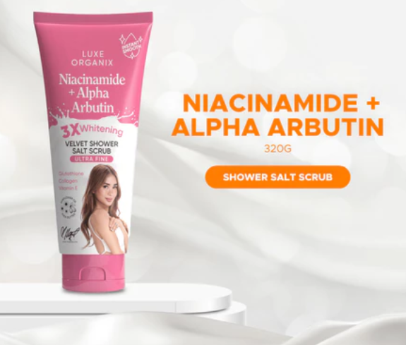 LUXE ORGANIX Niacinamide + Alpha Arbutin 3x Whitening Velvet Shower Salt Scrub 320g