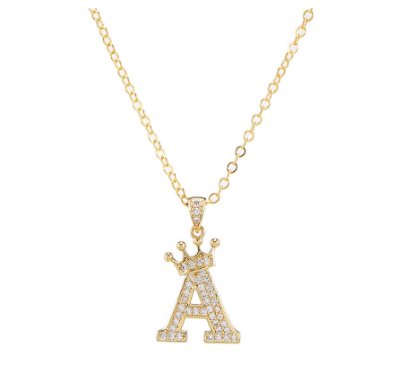 Luxury Crystal Zircon Alphabet Pendant Necklaces for Women Men Gold Crown Initial Letter Necklace A