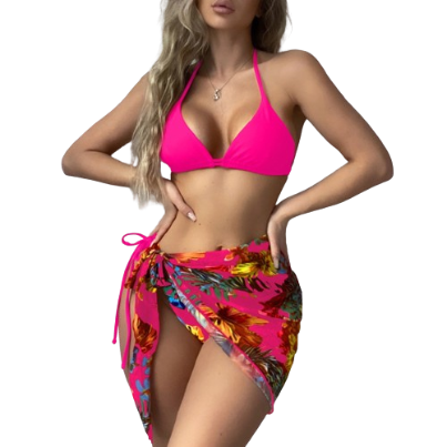 Lovito Women Sexy Tropical Lace Up Backless Bikini Sets LNL41015 (Rose Red)