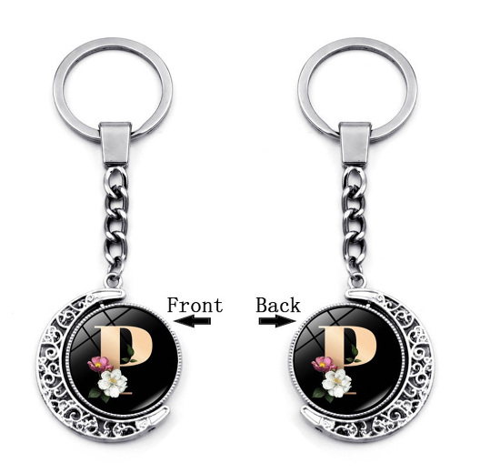 1PC Exquisite 26 Letter Glass Keychains Double Sides Moon Flower A-Z Initials Keyrings Handbag Charms Ornaments Gifts P