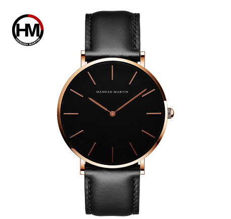 Hannah Martin Casual Watch Men Sports Quartz Wristwatch Waterproof Leather Wrist Watch BLACK GOLD BLACK