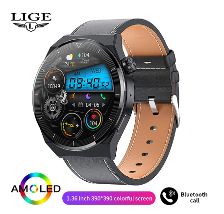 LIGE Smart Watch Men AMOLED HD Screen Heart Rate Bluetooth Call IP68 Waterproof SmartWatch For Android and Ios LEATHER BLACK