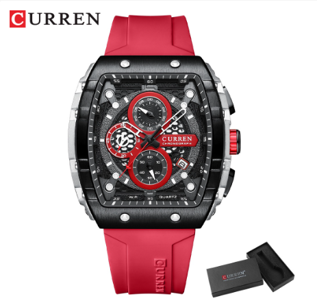 CURREN Original Brand Men's Watch Multifunctional Timing Luminous Silicone Waterproof Fashion Business Sports Quartz 8442 RED