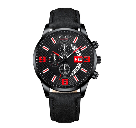 YOLAKO Stainless Steel Men's Quartz Sport Waterproof Watch Men Relo Watch LEATHER BLACK RED