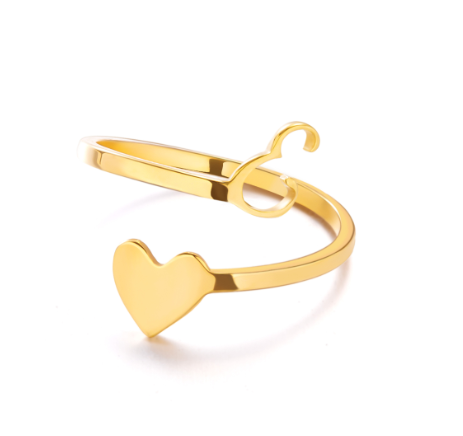 Gold Stainless Steel A-Z Rings Initial Letters Heart Rings Women Fashion Non Fading Jewelry Adjustable E