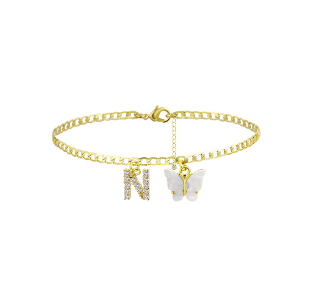 Fation Dainty Butterfly Initial Ankle Bracelets Handmade Cuban Chain White Butterfly A-Z Alphabet Letter Initial Anklets Summer Beach N