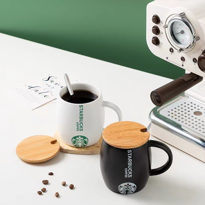 Ceramic Coffee Mug Cup w/ Free Stainless Stirrer and Wooden Lid Cover/Coaster 500ml