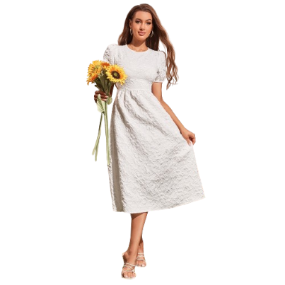 Lovito Elegant Floral A-Line Round Neck Puff Sleeve Dress for Women L45LD060 (White)