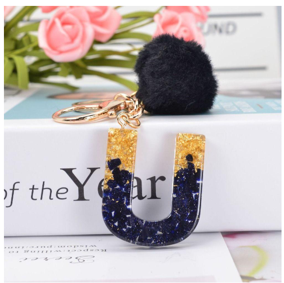 Lanfy Black Pompom Letter Keychain 26 Letter Initials Alphabet A To Z 26 Alphabet Keyring Cute A To Z 26 Black Pompom Resin Birthday Gifts U