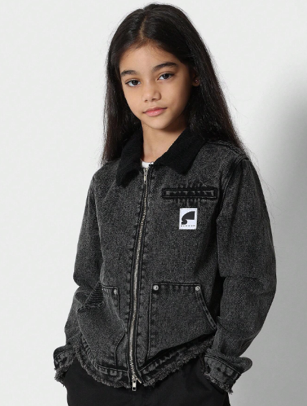 SUMWON Tween Girls Washed Denim Jacket With Contrast Collar