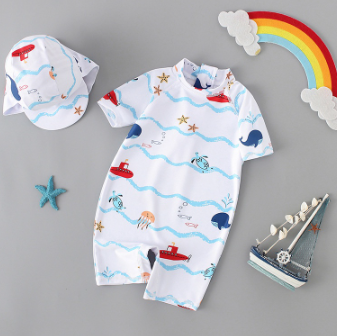 Korean Style Baby Boy Short Sleeve One-piece Swimwear Baby Girl Kids Quick Drying Swimsuit and Cap 2 Pcs Set