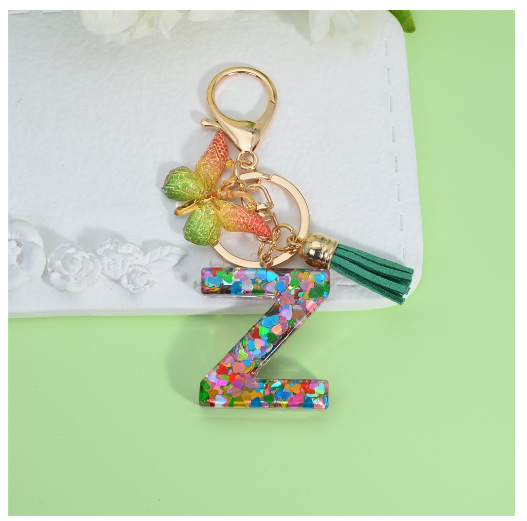 Fashion Butterfly Pendant 26 Letter Keychain Heart Sequins Filled A-Z Initial Key Chains With Tassel Bag Charms Accessories Gift Z