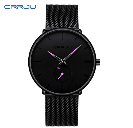 CRRJU Fashion Mens Watches Top Brand Luxury Quartz Watch Men Casual Slim Mesh Steel Waterproof Sport Watch 2150X BLACK PURPLE