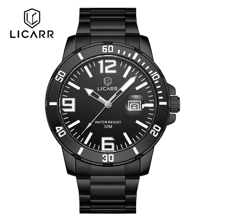 LICARR Top Brand Mens Watches Fashion Quartz Sport Waterproof Date Stainless Steel Clock Male Casual Business Wrist Watch BLACK