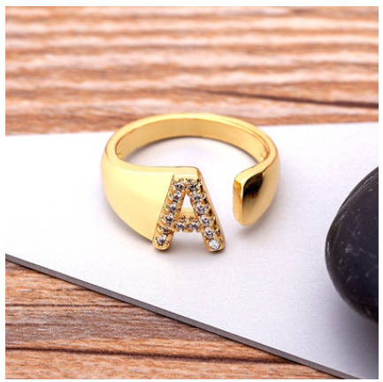 Fashion Chunky Wide Hollow A-Z Letter Gold Color Opening Ring Initials Name Alphabet Female Jewelry A