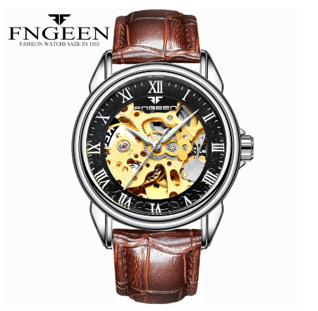 FNGEEN 8866 Men's Automatic Mechanical Watch SILVER BLACK