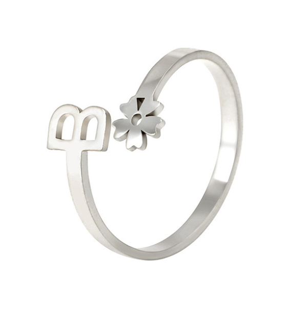 Stainless Steel A-Z Letter Ring For Women Girl Flower 26 Initial Name Adjustable Ring Trendy Birthday Jewelry Gift B