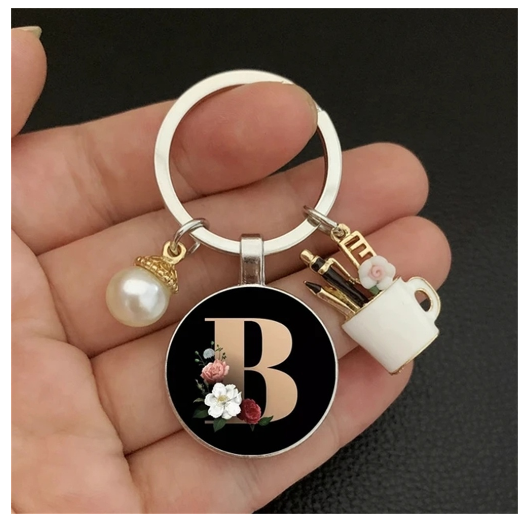 Fashion 26 Letter Keychains Imitation Pearl Rose Round Initials Keyrings Cup Pendant Car Keyholder Bag Ornaments Accessories B