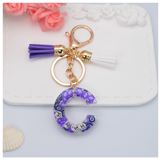 New 26 Letters Constellation Symbol Slice Resin Keychain Charms Women Handbag Ornaments With Tassel Key Ring Accessories Gift C