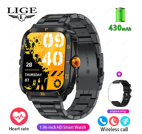 LIGE Original Smart Watch Men Full Touch HD Screen 600mAh Large Capacity Battery 100+ Sports Fitness WristWatch IP67 Waterproof Watch STEEL YELLOW