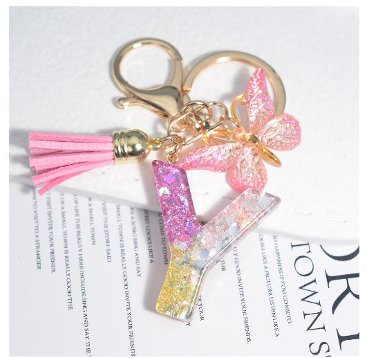 Glitter Sequin Filled 26 Letter Keychain With Tassel Exquisite Butterfly A-Z Alphabet Keyrings Women Bag Pendant Ornaments Gifts Y