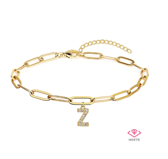 Hwetr Fashion 26 A-Z Initial Bracelet For Women Classic Zircon Letter Pendant Paper Clip Chain Bracelet Jewelry Accessories Gift Z