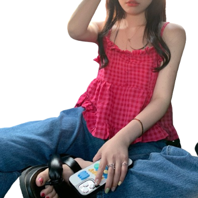 Lovito Casual Gingham Lace Up Sleeveless Top for Women LNA08046 (Hot Pink)