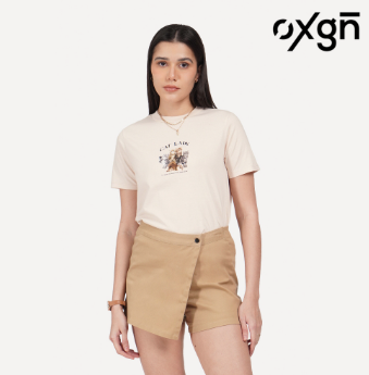 OXGN Cat Lady Graphic Print T-Shirt For Women Flesh
