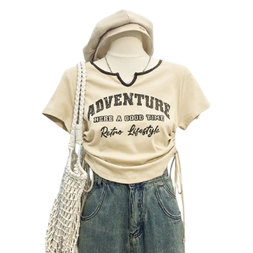 Lovito Women Casual Letter Split Front Drawstring T-Shirt LNE29294 (Light Khaki)