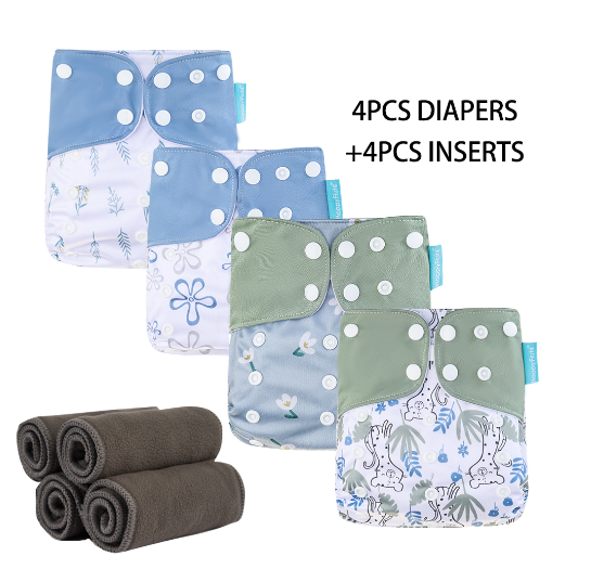 HappyFlute Baby Ecological Cloth Diapers Adjustable Washable Reusable Cloth Nappy For Baby Girls and Boys 4pcsDiaper+4pcs Inserts Set 7