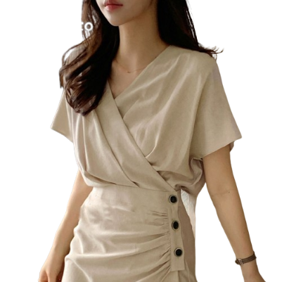 Lovito Women Asymmetrical Button Ruched Dress LNE20031 (Light Khaki)