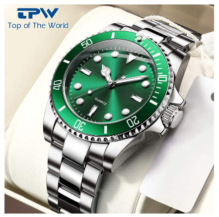 TPW Watch for Men Stainless Steel Strap Wristwatch Japanese Quartz Movement Watch  GREEN