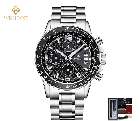 WISHDOIT Watch For Men Original Waterproof Stainless Steel Silver Metal Wristwatch Multifunction Calendar Luminous Watch SILVER BLACK A