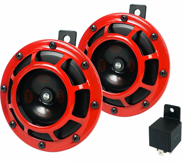 Hella Super Tone Horn Set 12V with 5 Pin Relay H-S821 (Black with Red)